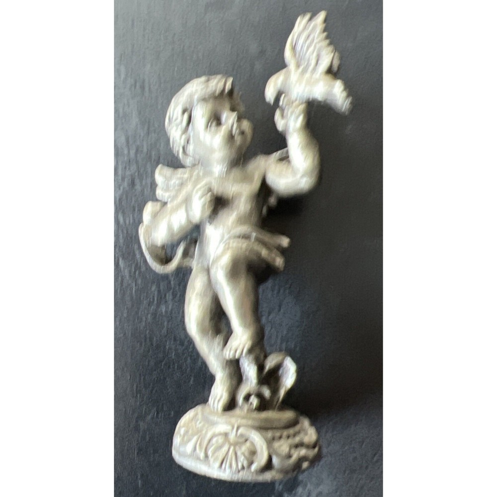 Vintage SUN 6 oz Pewter Angel Cherub w Perched Dove Bird 4" Figurine